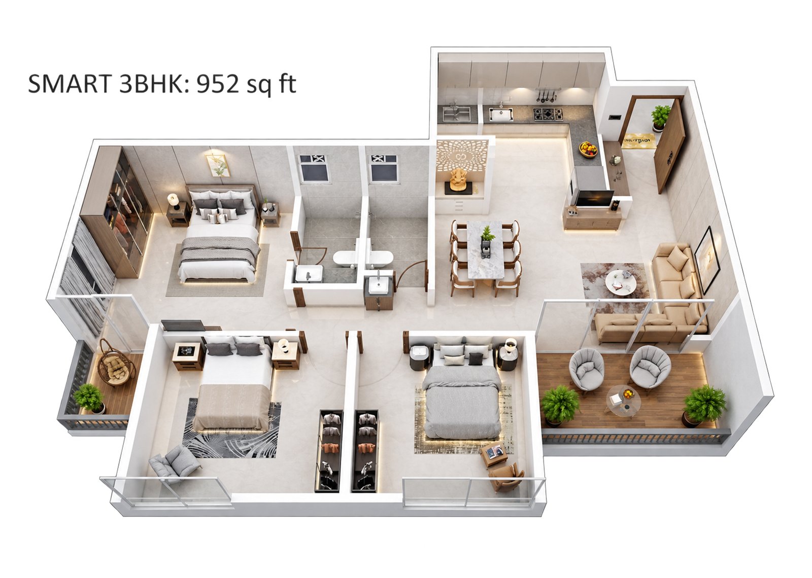 Smart 3 BHK : 952 Sq.Ft